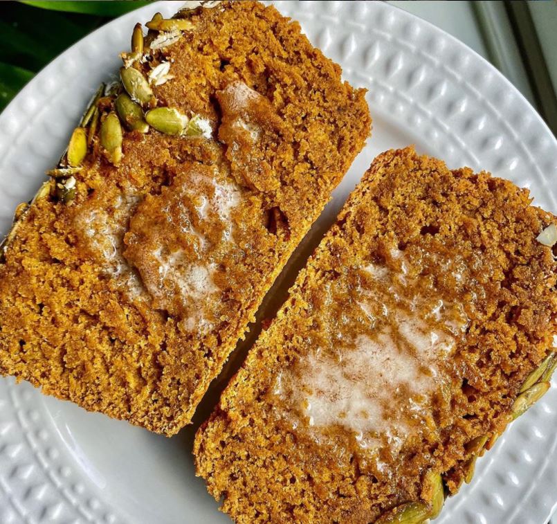VEGAN SOURDOUGH PUMPKIN BREAD WITH MAPLE GLAZED PEPITAS