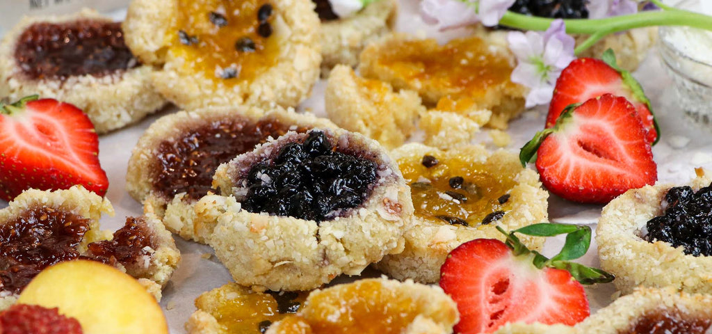 Reduced Sugar Coconut & Jam Thumbprint Cookies